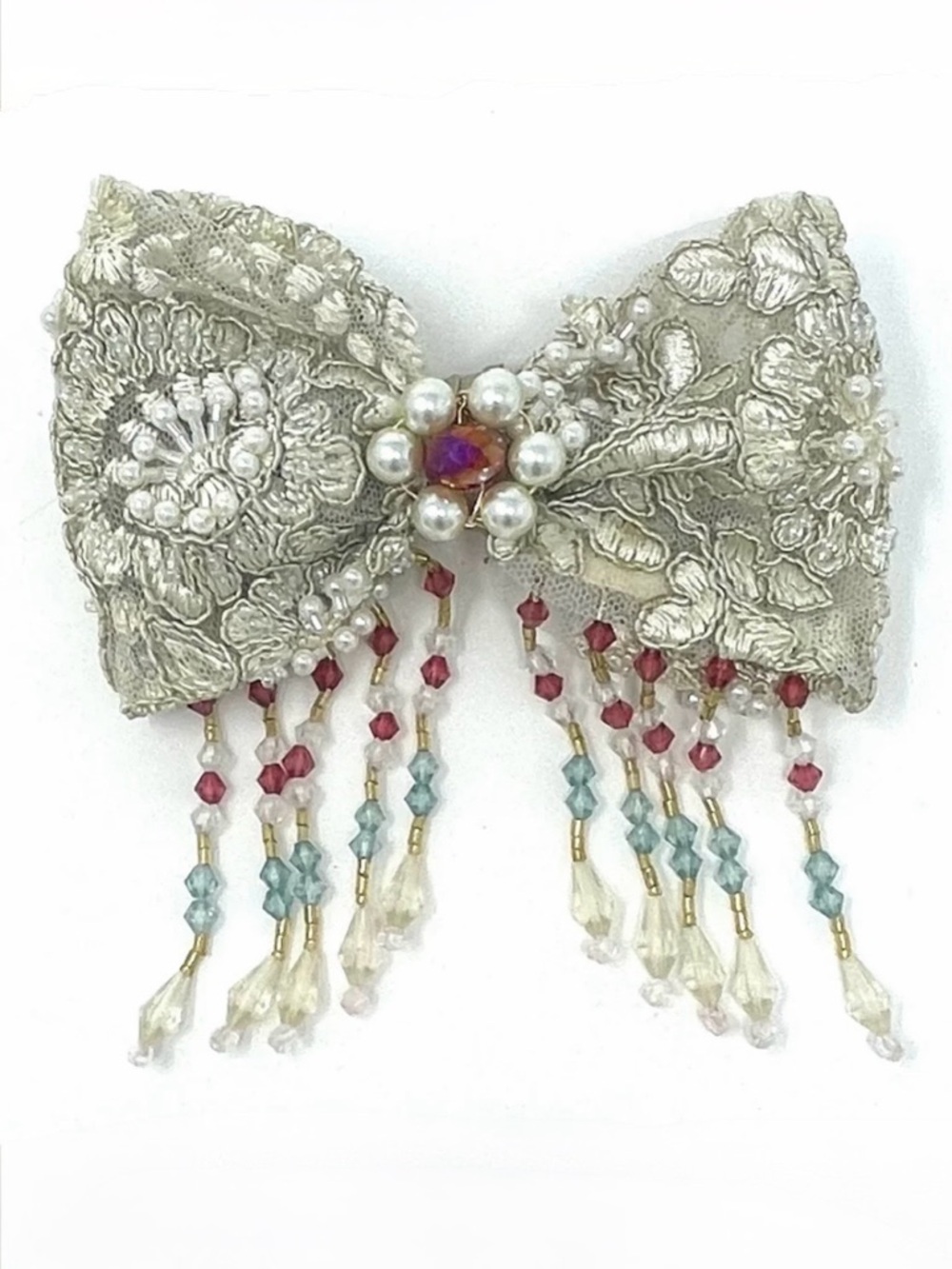 Curried Myrrh Lace Bow Barrette with Embellishments. Brand new!